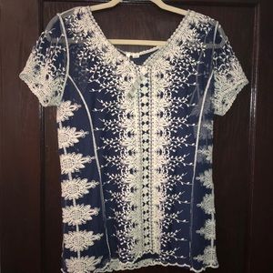 NWT Navy/White Embroidered Top